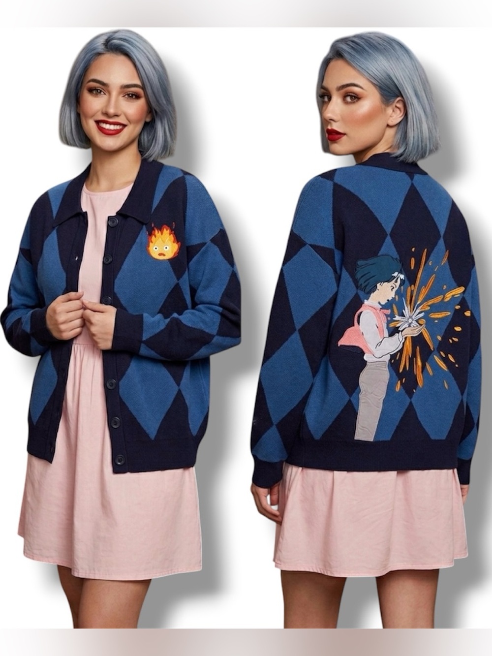 Studio Ghibli Howl's Moving Castle Calcifer Collared Women's Cardigan (Large)